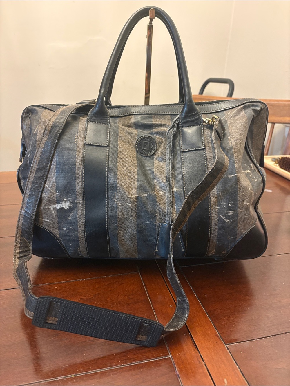 Fendi weekender Black and Brown Striped Canvas Leather-Trim Duffel bag